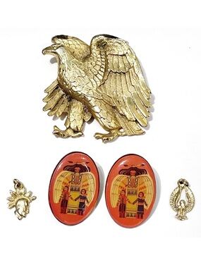 Aboriginal Native Pins and Pendants Eagles Chief Tribe Orange Gold Brooch Bird